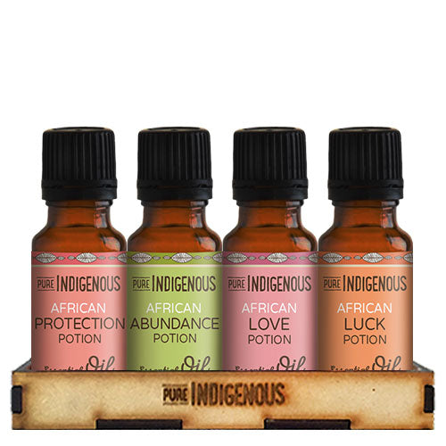 Pure Indigenous African Potion Pack: Love Potion, Abundance Potion, Protection Potion, and Luck Potion.